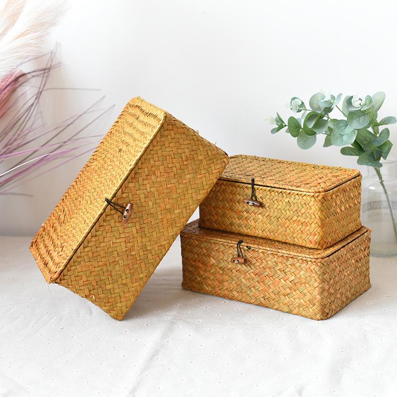 Handmade Cattail Straw Woven Gift Box & Storage Basket