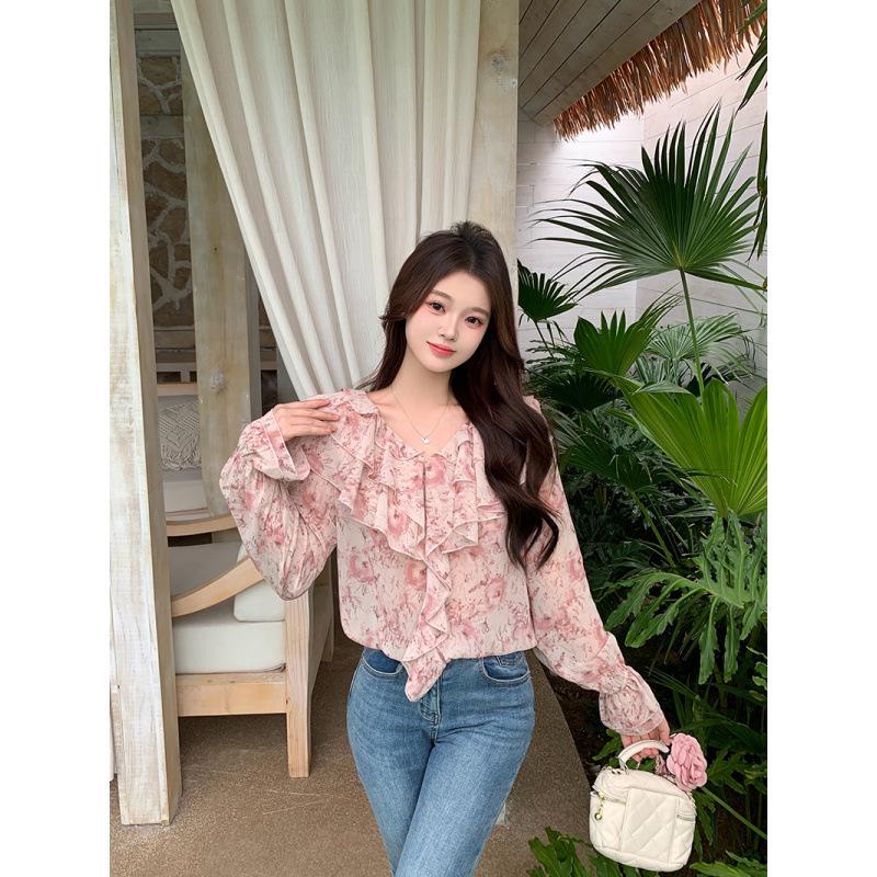 Plus Size Floral Ruffle Chiffon Blouse - Spring Collection 4XL розовый