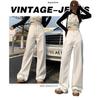 Pantaloni di Jeans Casual da Donna Bianchi a Vita Alta Larghi Gamba Dritta