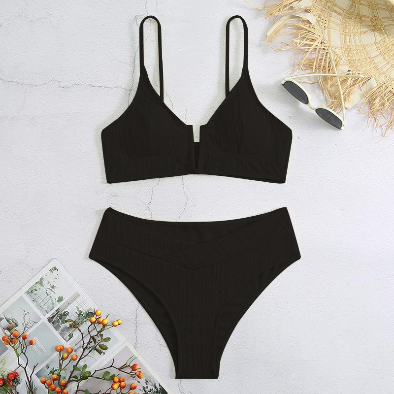 

Solid Color 2 Piece Swimsuit for Women,sexy High Waist V-neck Bikini,suspender Backless Beach Backless Swimwear,2025 Summer New S чорний