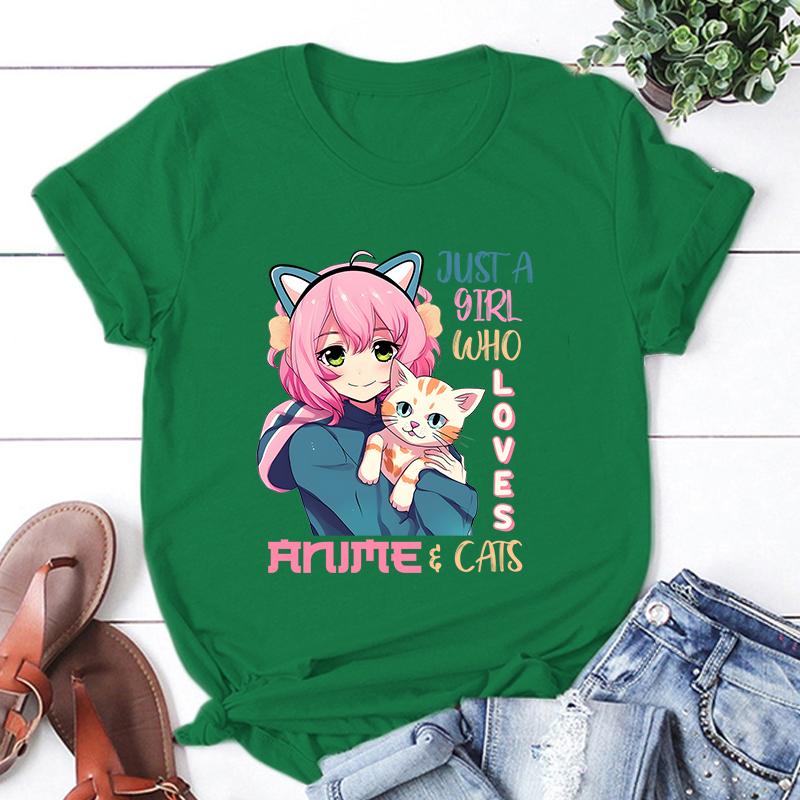 

New Hot Just A Girl Who Loves Anime Cats Printed T-Shirts Women Unisex Casual Loose Round Neck Creative Personalized T-Shirt 4XL