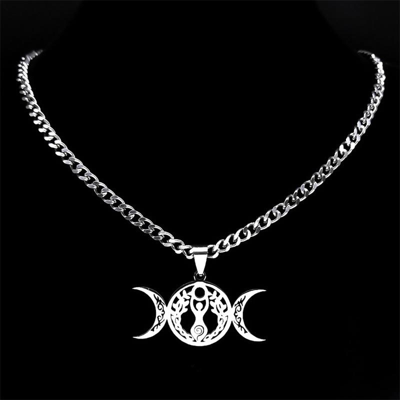 Collana Pendente Nodo Celtico Luna Tripla Catena per Clavicola Moda Acciaio Inossidabile