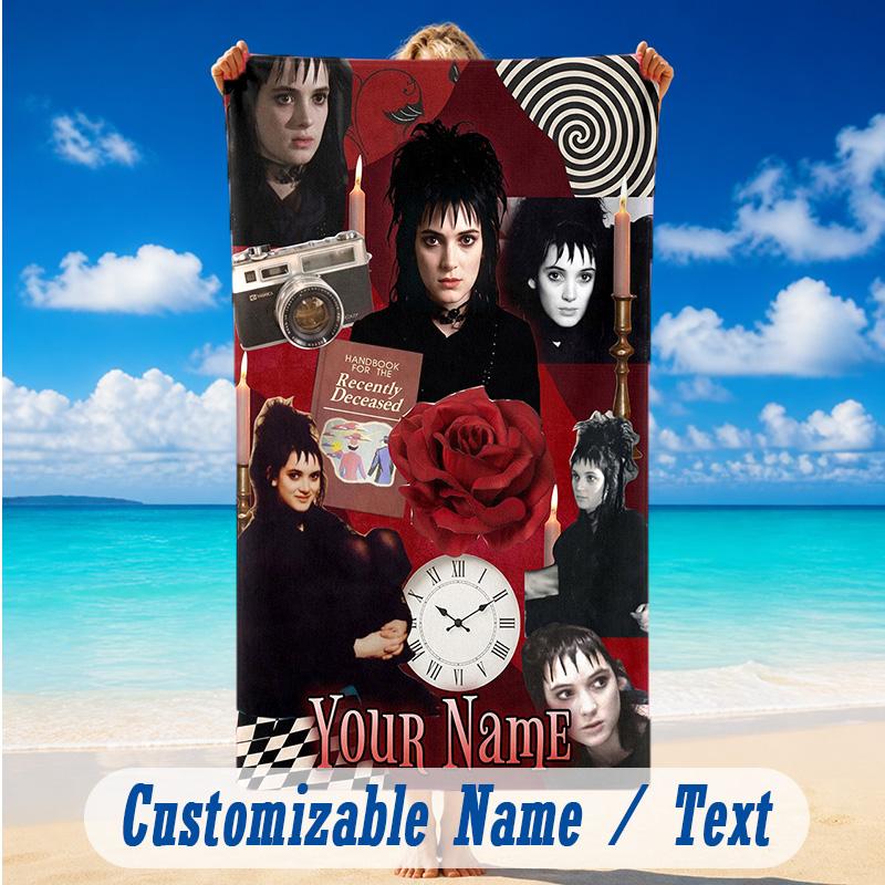 Beach Towel Custom Name Text, Quick Dry Large Towel For Beach HomeBeetlejuice Lydia Deetz