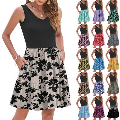 Damska Letnia Moda Casual Dekolt V Plisowany Patchworkowy Vintage Kwiatowy Nadruk Bez Rękawów Kieszeń Kamizelka Sukienka