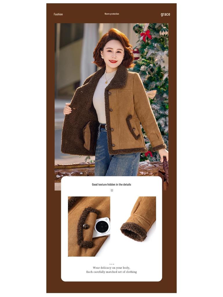 Petite Women's Lambswool Jacket for Mid-Aged & Elderly: Autumn/Winter Leather & Fur, Thick Plain Top
