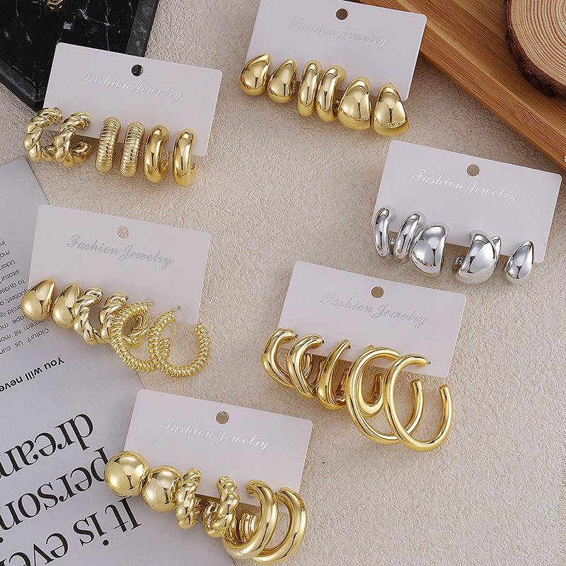 6Pcs Vintage Smooth Water Drop C-Earrings Set for Women Geometric Gold Color Circle Hoop Earring Zircon Ear Studs Jewelry Gifts