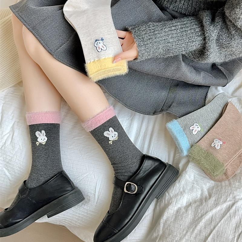 Rabbit Flocked Socks for Women, Sweet and Cartoonish, Cute Mid-calf Socks, Pure Cotton Pile Socks