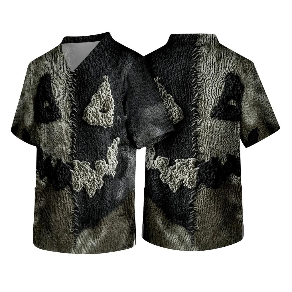 Men's Short Sleeve V-Neck Scrub Top with Chest Pocket Halloween Print for Work and Costume