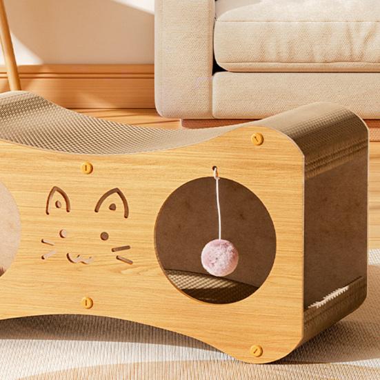 Cat Scratcher House Double Layers Corrugated Paper Scratch Cardboard Lounge Bed 2-in-1 Indoor Cats Scratching Board House with Interactive Ball
