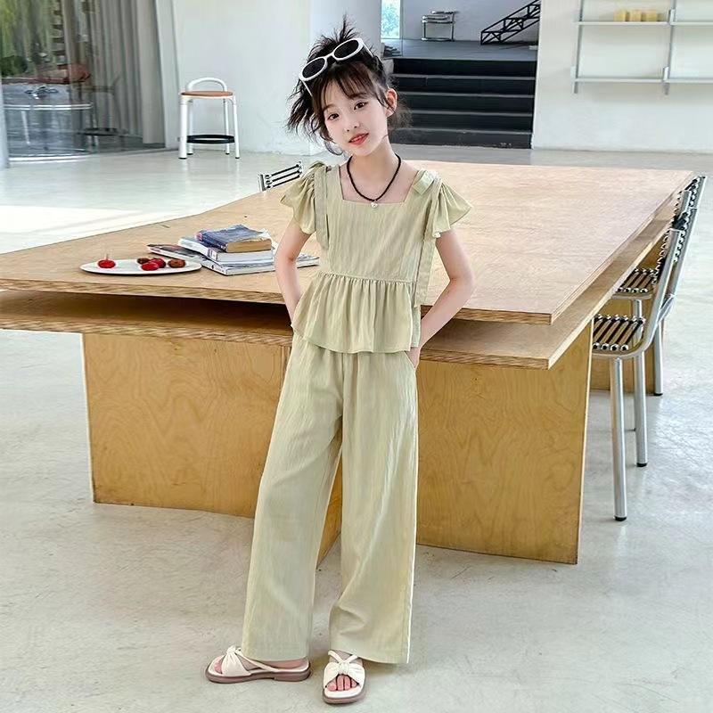 

Наряды для школы, летний жилет + брюки, комплект из 2 предметов для детей 42-14 лет, повседневные зеленые комплекты для девочек-подростков, комплекты в корейском стиле 120