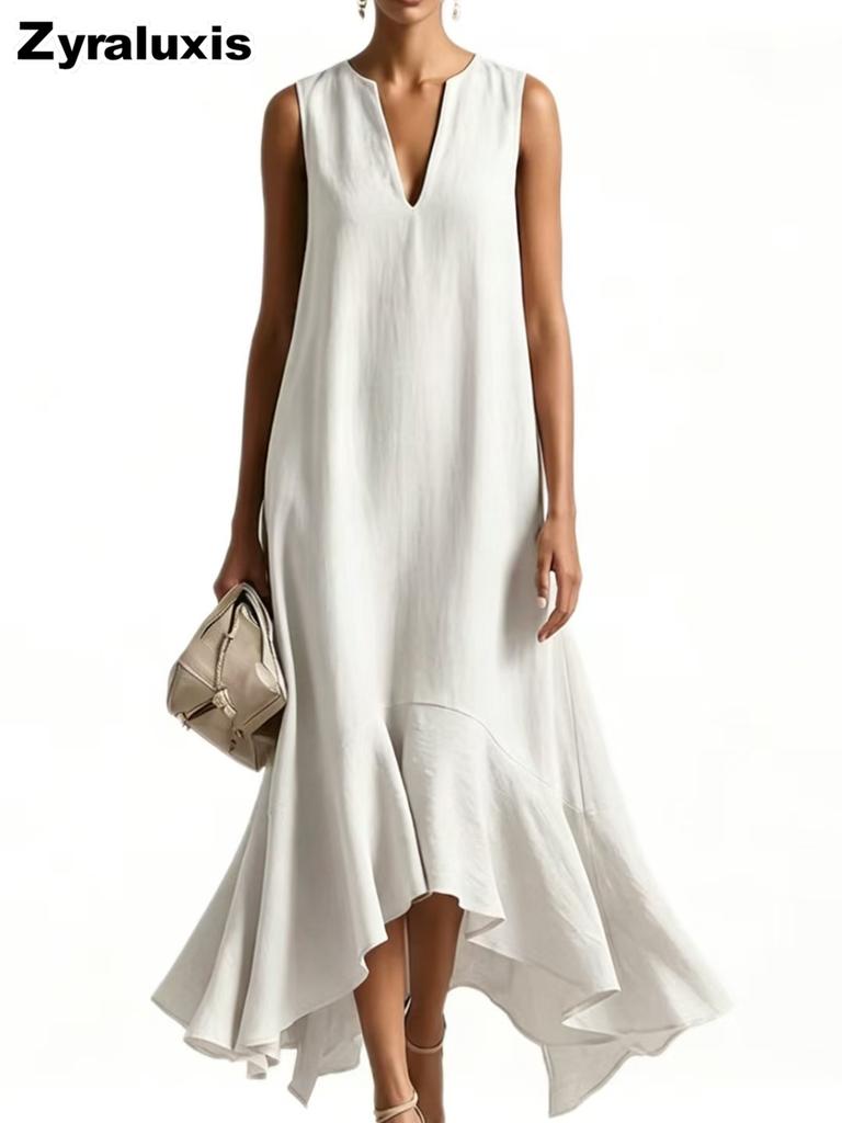 New Fashion Deep V Neck Sleeveless Slim Fit A-Line Dress with Irregular Hem