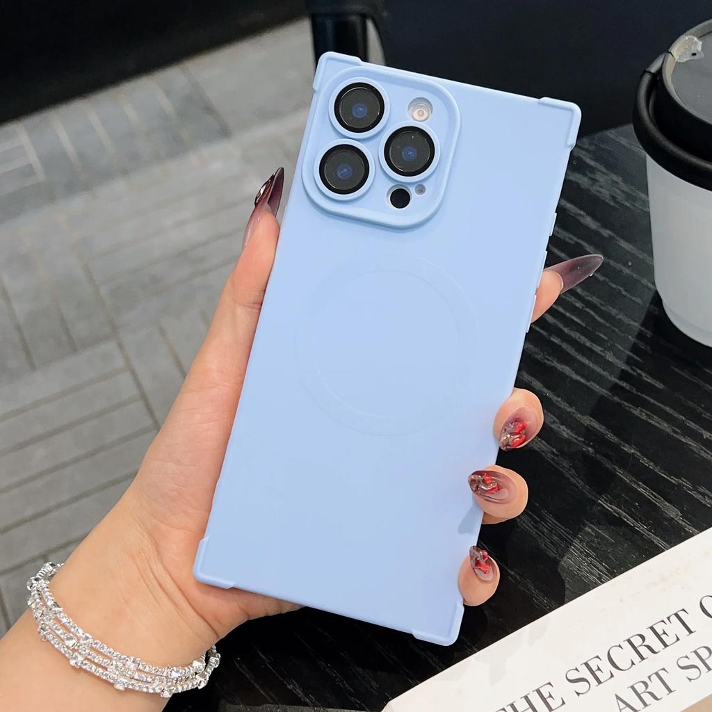 Air-cushion Shockproof Magnetic Case For iPhone 16 15 14 13 12 Pro Max Plus Glass Lens Protection Simple Magsafe Silicone Cover