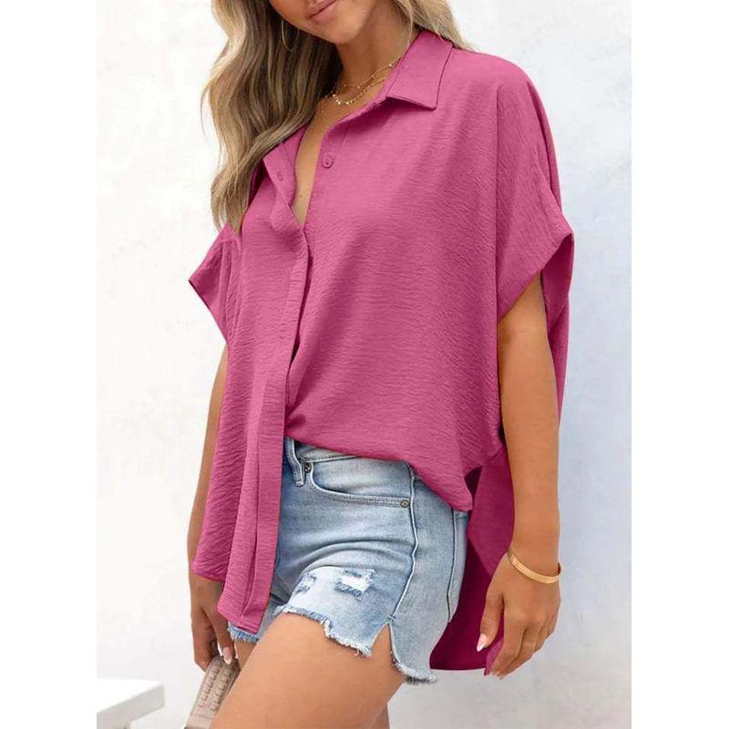 Western Style New Fashion Casual Loose Short Sleeve Lapel Shirts Top Solid Color Shirt Top