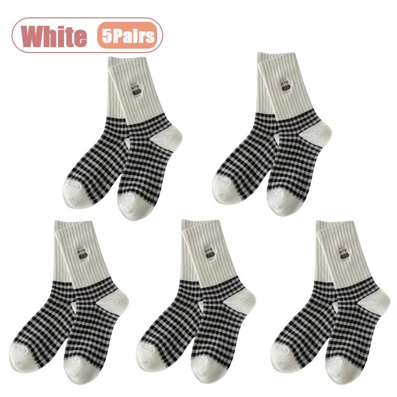 1-10Pairs Vintage Black White Plaid Mid Calf Socks for Women Autumn Winter Cute Cat Cartoon Design Cotton Long Socks