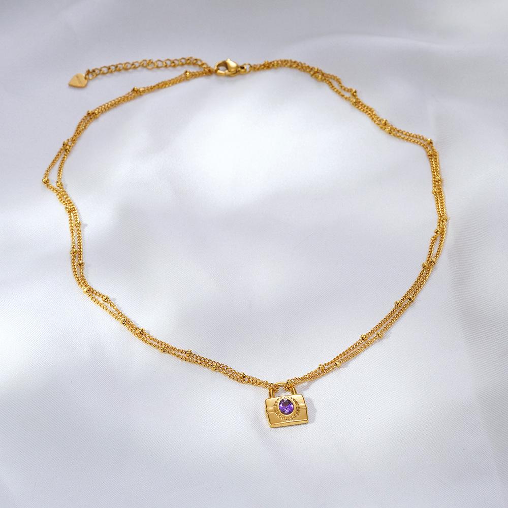 Minimalist Purple Diamond Padlock Pendant Necklace - Stainless Steel Double-Layer Clavicle Chain for Women