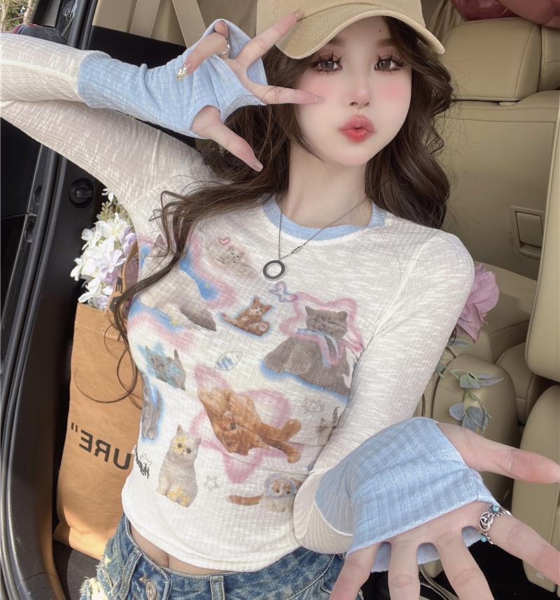 

Футболки с длинными рукавами и принтом кота Kawaii, футболки с котенком, укороченные топы Y2k, женские милые Harajuku, японская милая одежда S синий
