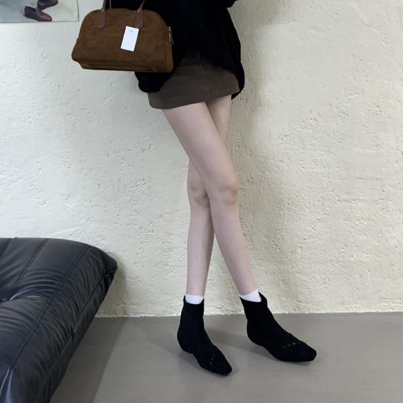 French Niche Weaving Design Wedge Heel Thin Boots Women's Autumn and Winter Temperament Versatile Suede Rear Zipper Bare Boots