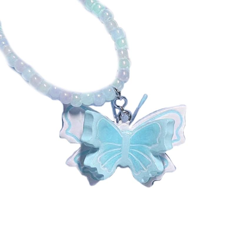 Fashion Resin Beaded Choker Sweet Butterfly Pendant Necklace Simple Collar Necklace Elegant Clavicle Chain Jewelry