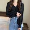 Womens V-Neck Long Sleeve Knit Cardigan With Puff Sleeves Solid Color Cropped Sweater Fall