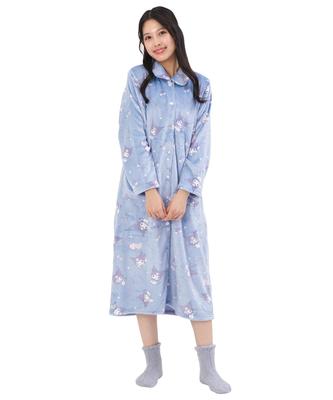 SAZAC Women's Kuromi Nightgown Pajama Dress, Girly Kuromi Design, Long Sleeve, Open Front, Fall/Winter Flannel Loungewear, Sizes M/L (Blue)