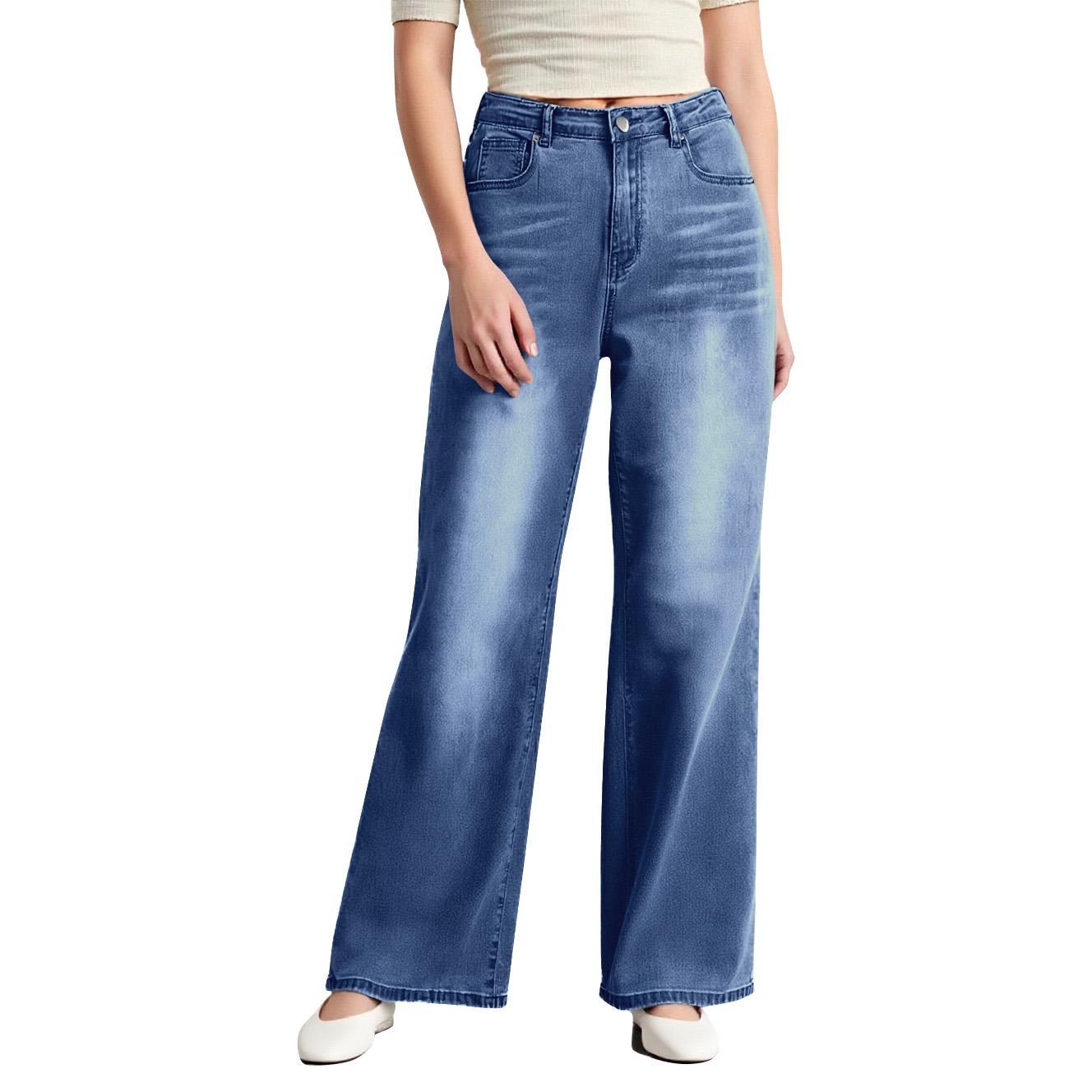 

Women s Wide Leg Jeans High Waist Straight Stretch Jeans With Pockets S синий