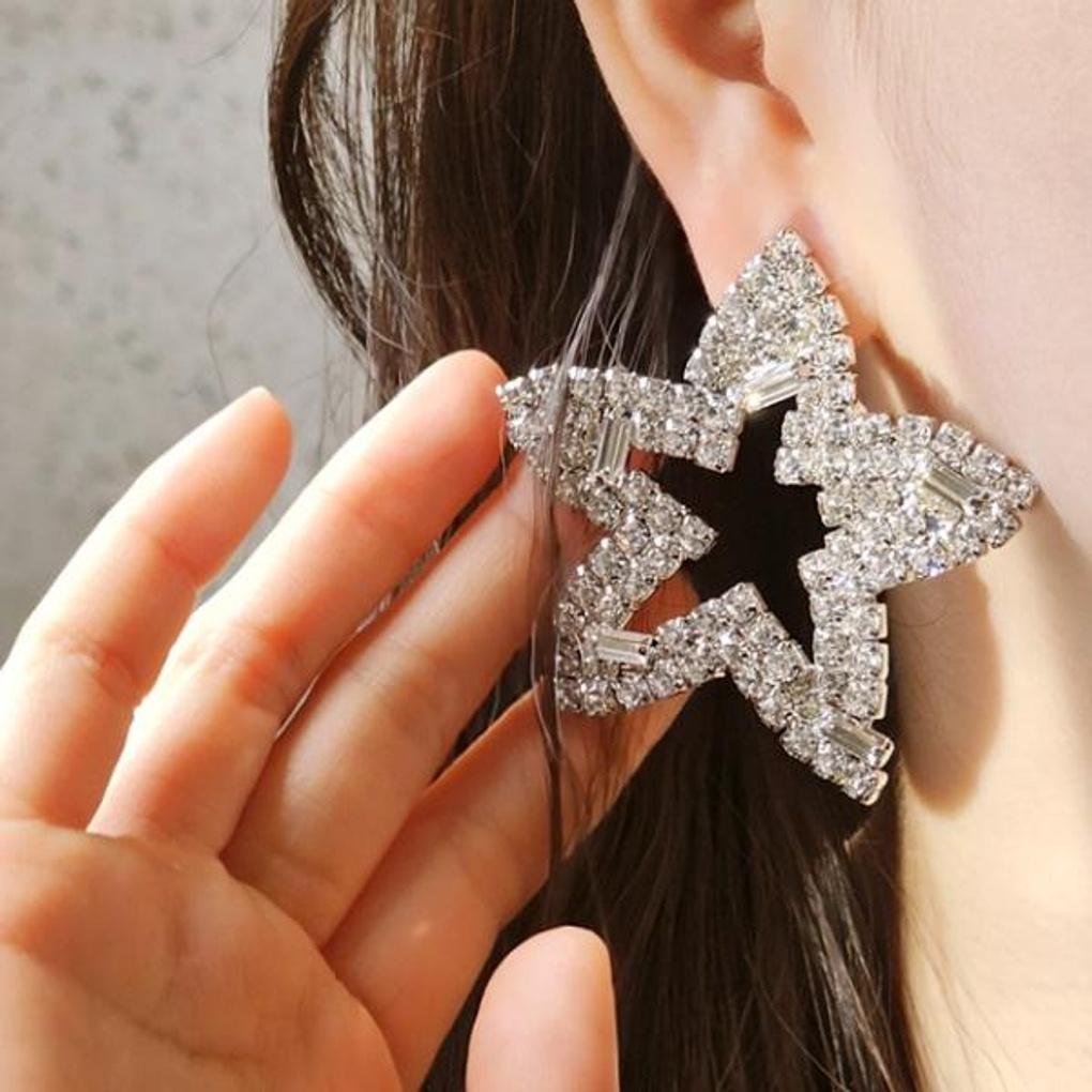 Women's Cubic Star Giant Earrings [Silver Needle]