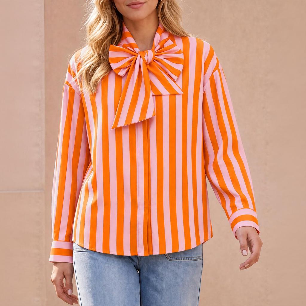 Camicia a maniche lunghe a righe da donna con vestibilità ampia - Blusa casual autunnale per l'uso quotidiano