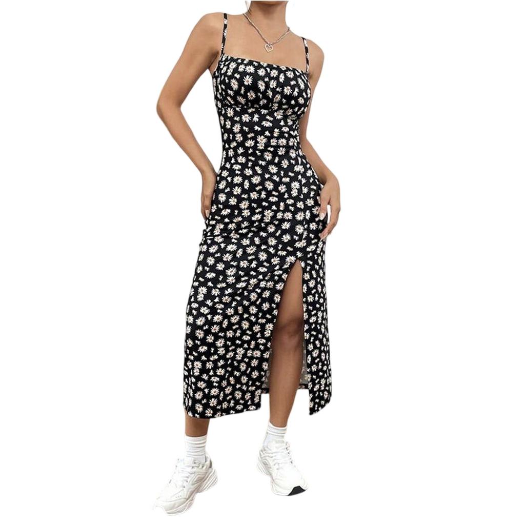 Women's Spring And Summer Strapless Wrap-around Slit Daisy Hip-wrapped Printed Midi Dress