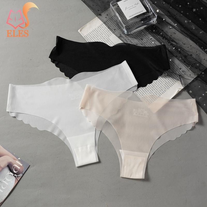 Summer Ice Silk Sexy Pure Colour Wavy Edge T-Shape Lingerie Briefs Women's Low Waist Light Transparent Underwear Panties