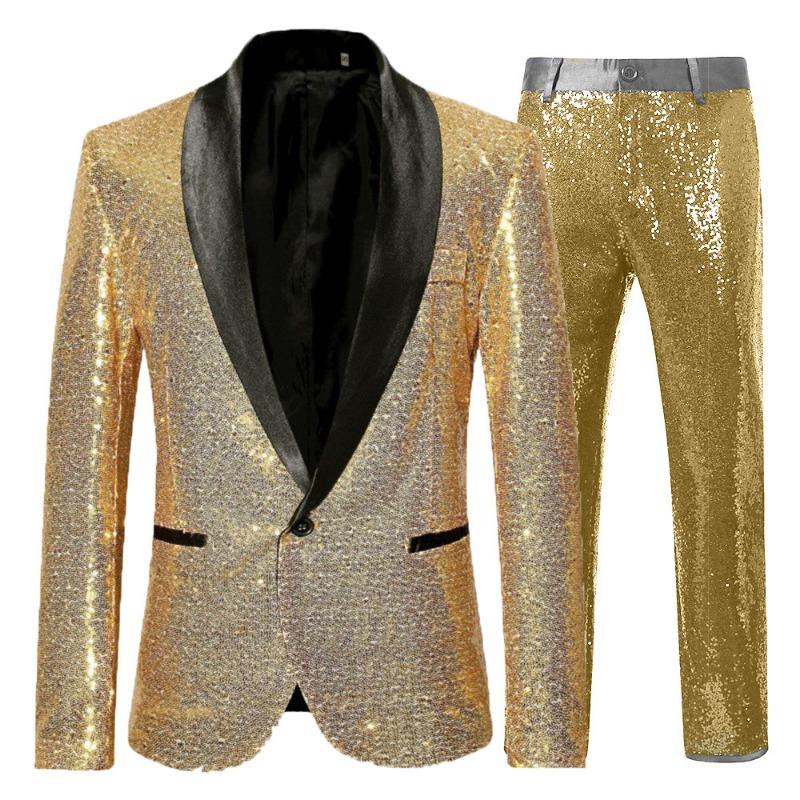 Men s Gold Sequin 2 Piece Suit Shawl Lapel One Button Blazer Pants S золотой
