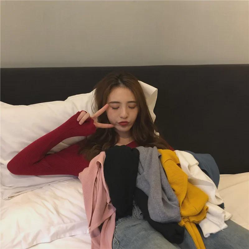 Dámský pletený pulovr s výstřihem do V slim fit: Trendy, s dlouhým rukávem, teplé na podzim a zimu