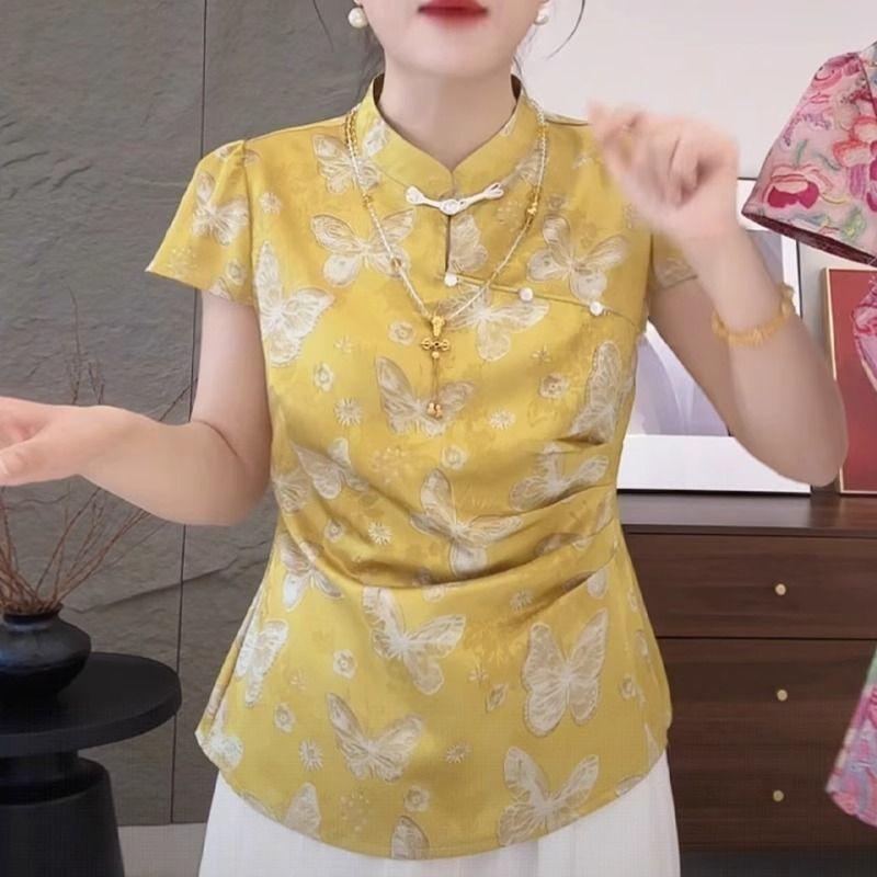 

Летняя рубашка 2025 года с принтом и воротником-стойкой, женский топ, рубашка с коротким рукавом M [Recommended below 50kg]