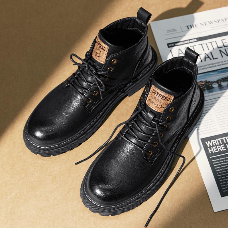 Fashion Round Toe Side Zipper Punk Boots British Style Mens High Top Shoes New Arrival Motorcycle Boots Simple Leather Ankle Boots Botas