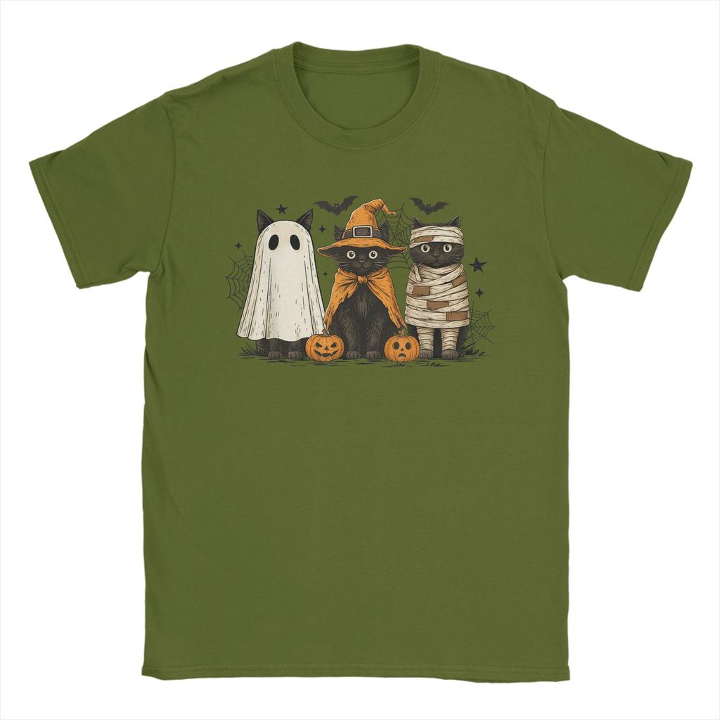 Men T-Shirt Retro Black Cat Witch Scary Halloween Pumpkin Novelty Pure Cotton Tees Short Sleeve T Shirts Clothes Printing