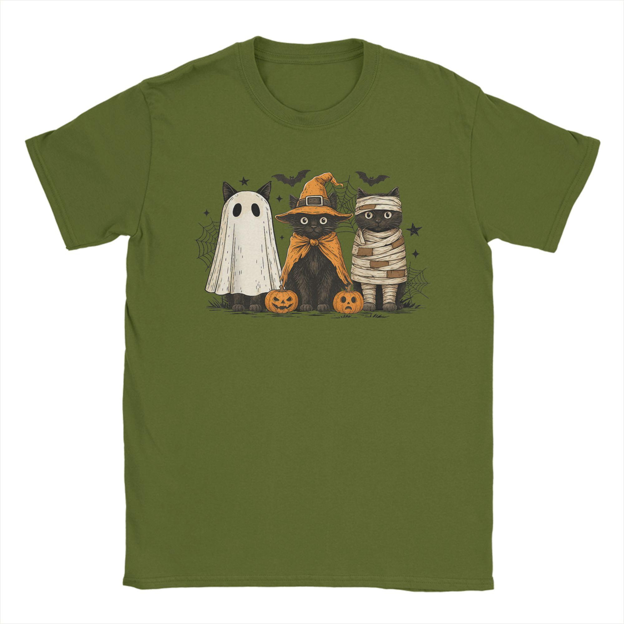 Мужская футболка Ретро Черная кошка Ведьма Страшная Хэллоуин Тыква Новинка Чистый хлопок Футболки с коротким рукавом Одежда Печать 4XL