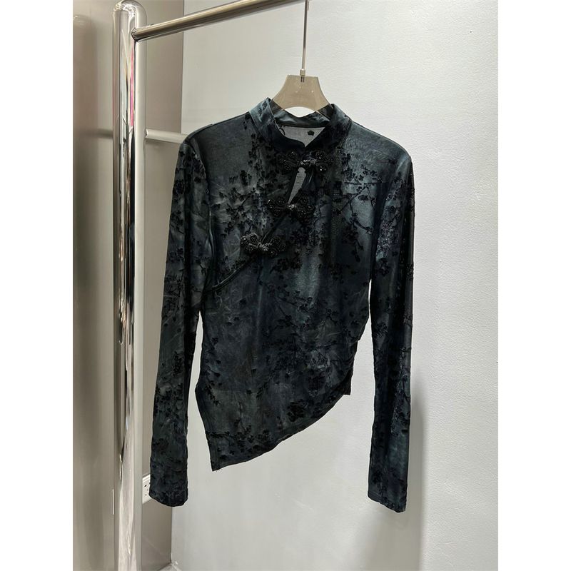 

Oriental Charm Flocking Thin Shirt Top Buckle Black S