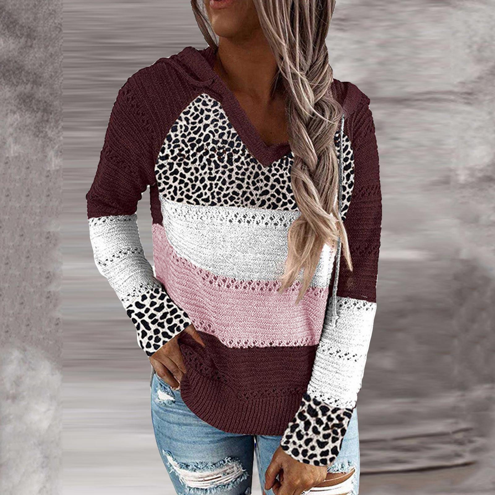 

Модні жіночі леопардові клапті з V-подібним вирізом і довгими рукавами, светри з капюшоном, блузки, топи M винний