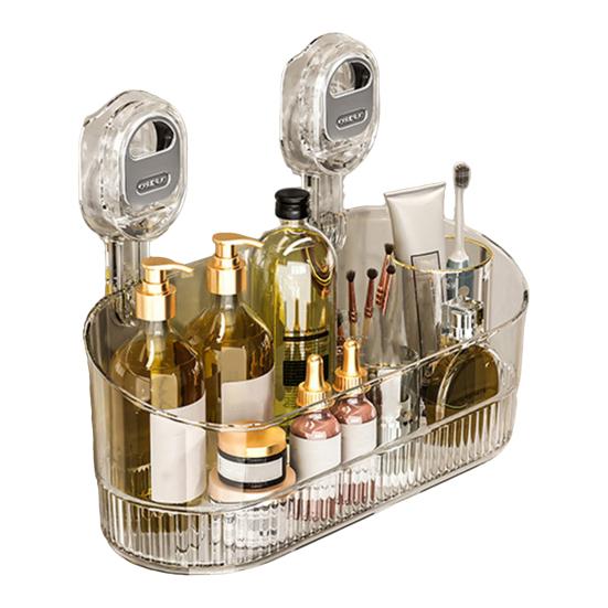 No Drill Bathroom Suction Storage Box Wall-Mounted Storage Shelf Organizer with Drain Hole Removable Clear Shower Caddy for Home Kitchen