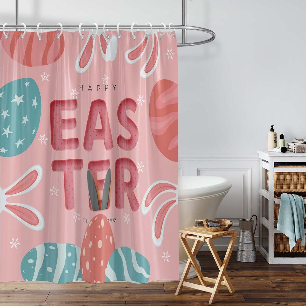 1PC Easter Bunny Easter Egg Decoration Shower Curtain, Playful rabbit theme With 12 hooks,Spring Holiday Bathroom Decoration