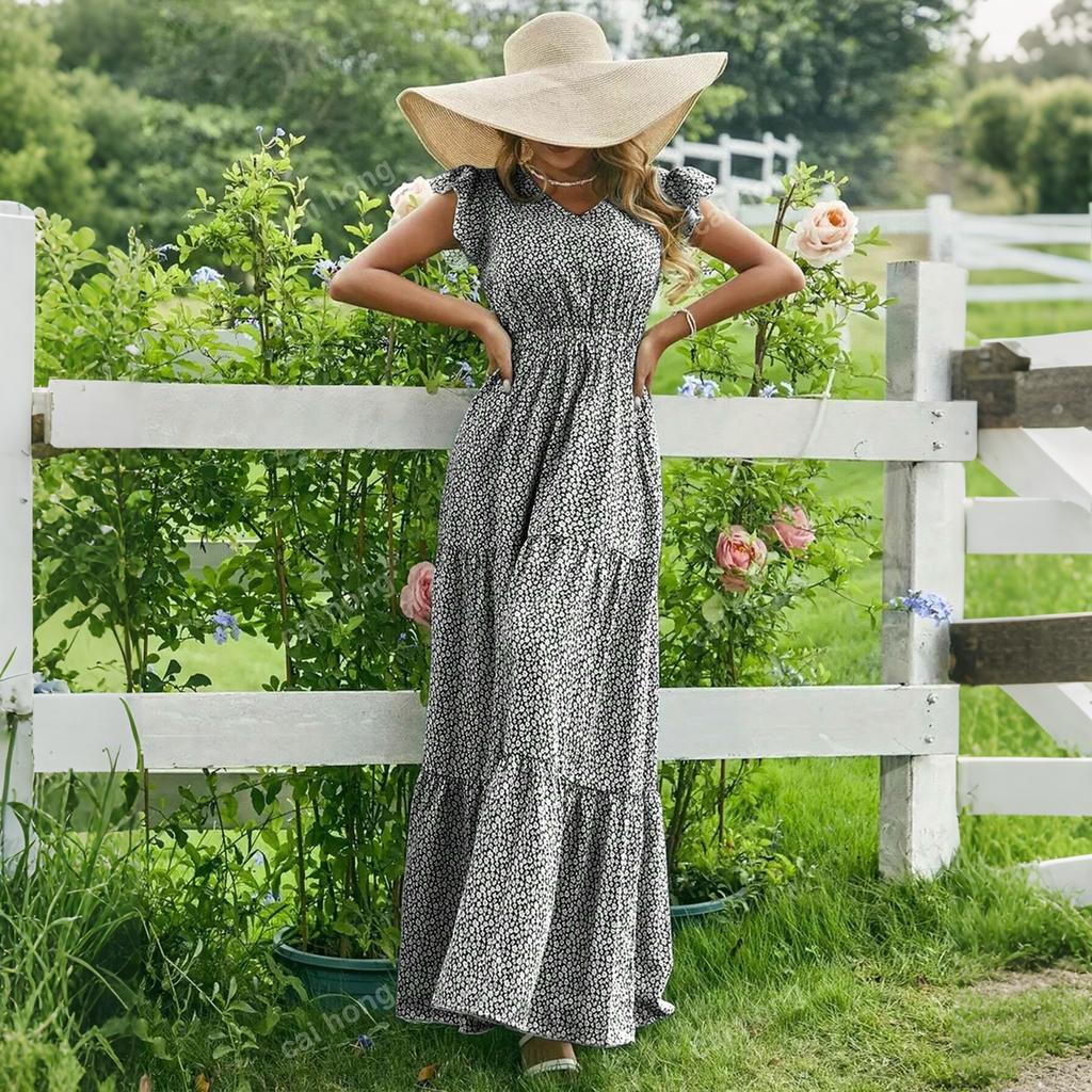 Abito da donna con scollo a V, vita alta, stampa floreale, multistrato, manica corta, casual, maxi, per l'uso quotidiano