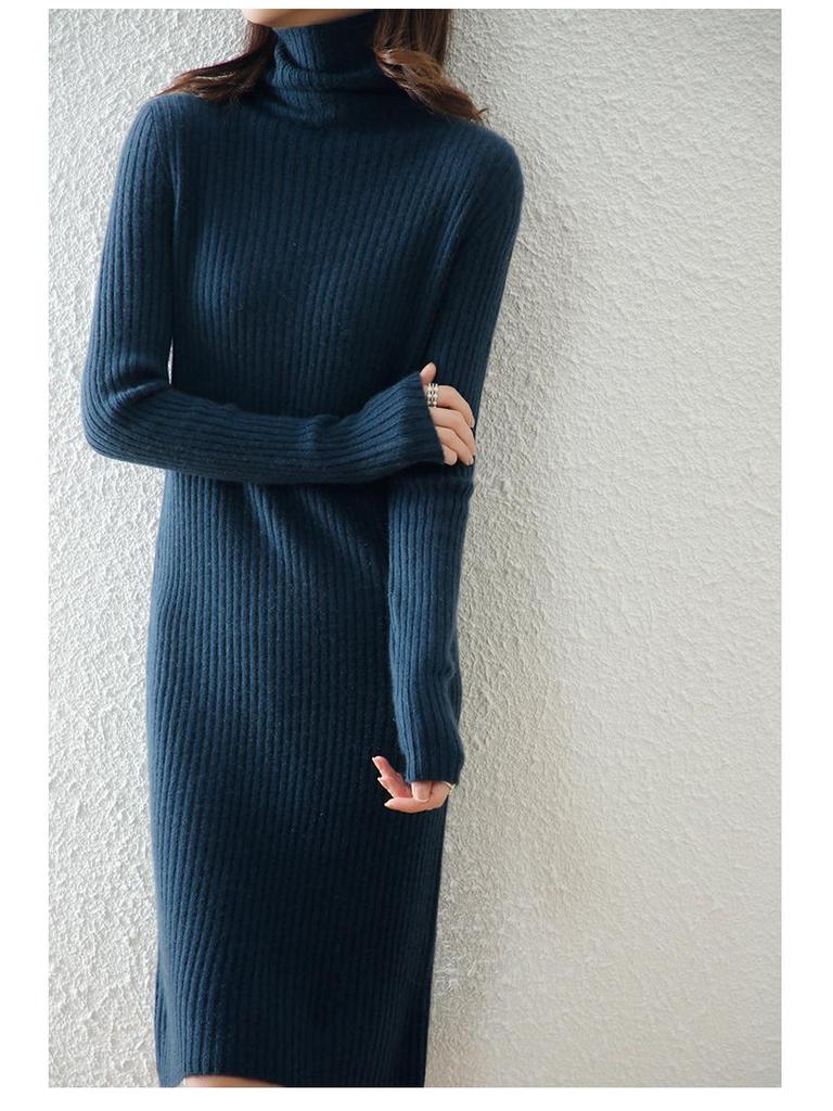 2022 Autumn/Winter Wool Slim Fit Striped A-Line Dress with Pile Collar for Women, Medium Length