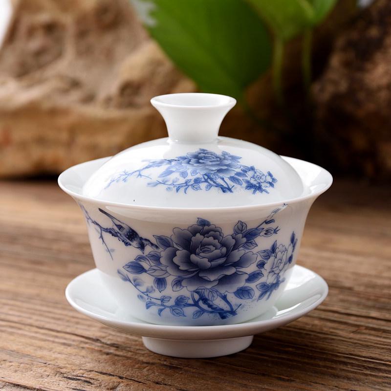 3.4-Inch Blue & White Ceramic Gaiwan Tea Set - 3-Piece, 100ml Capacity