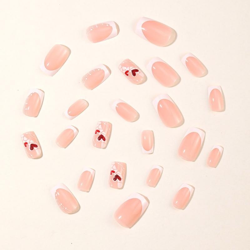 Valentine's Day Nail Art 24pcs Short Square False Nail with Sweet Heart Decoration Nail Accesories for Women and Girls
