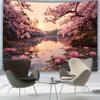 2D Pink Cherry Blossom Lake Tapestry, HD Print Lotus Flower Nature Wall Cloth for Home Studio & Party Decoration