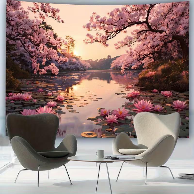 2D Pink Cherry Blossom Lake Tapestry, HD Print Lotus Flower Nature Wall Cloth for Home Studio & Party Decoration