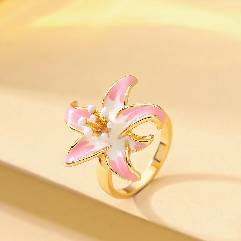 Mori Sweet Temperament Pastoral Style Oil Drop Enamel Glaze Stamen Flower Adjustable Opening Ring High-end Jewelry