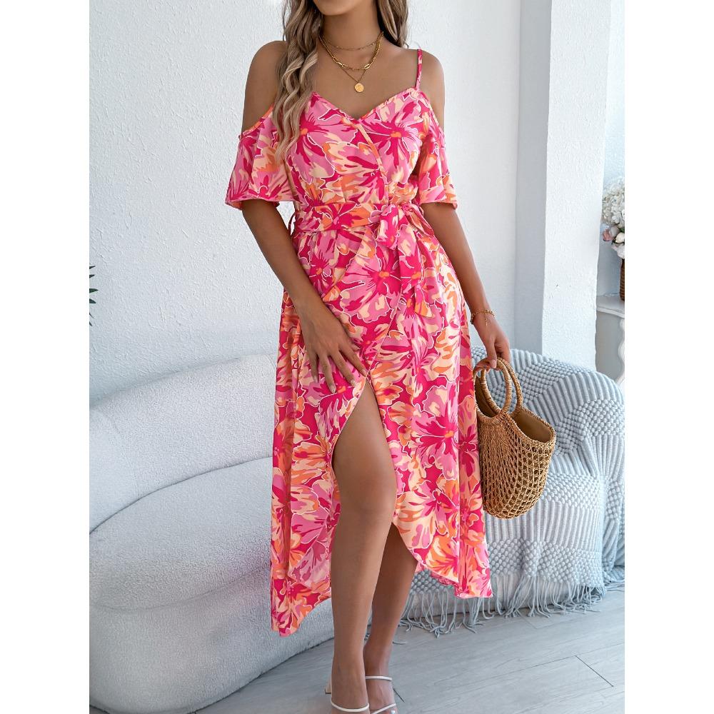 Spring Summer Strapless Cross V Neck Floral Halter Long Holiday Dresses Women