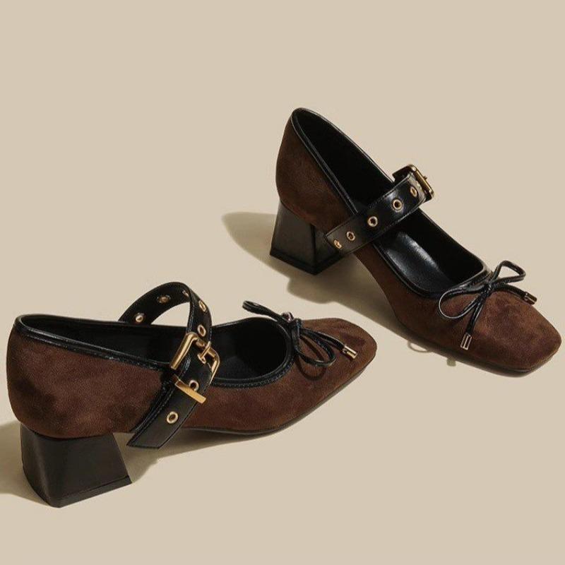 Women's Thick Heel Shoes Spring Square Head Shallow Mouth Suede Butterfly Knot Anti-slip Wear-resistant High Heels