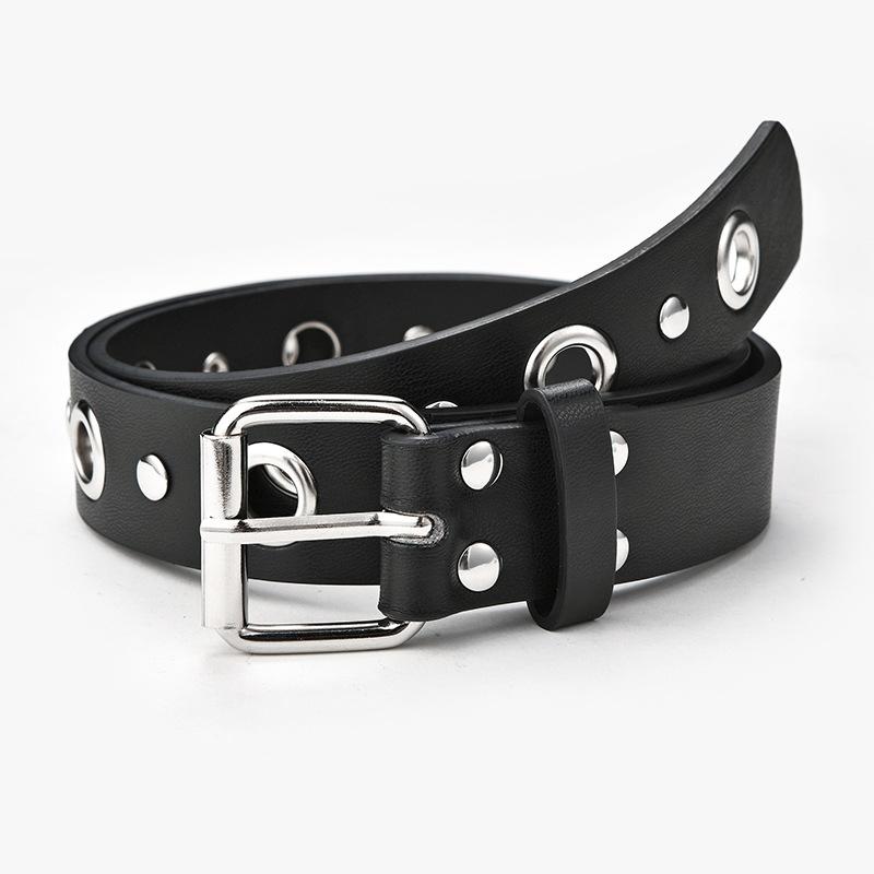 Womens Faux Fashionable Leather Punk Belt With Unique Eyelet Buckle And Riveted Accents