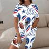 Women Plus Size Round Neck Short Sleeve Red White Blue Printed Longline Top Fitted Shorts Two Piece Set